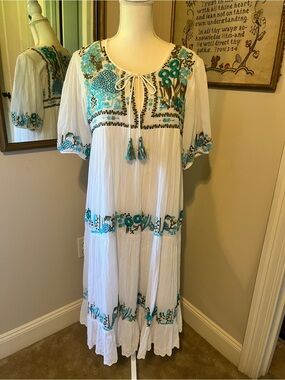 Tolani White Dress with Teal Embroidery